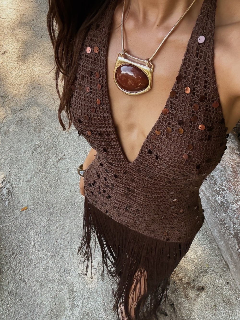12th Tribe Barefoot Espresso Crochet Sequin Maxi Dress Size SS